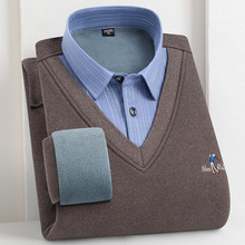 含羊毛冬季男士假两件加绒加厚无痕衬衫领毛衬衫套头保暖毛衣针织