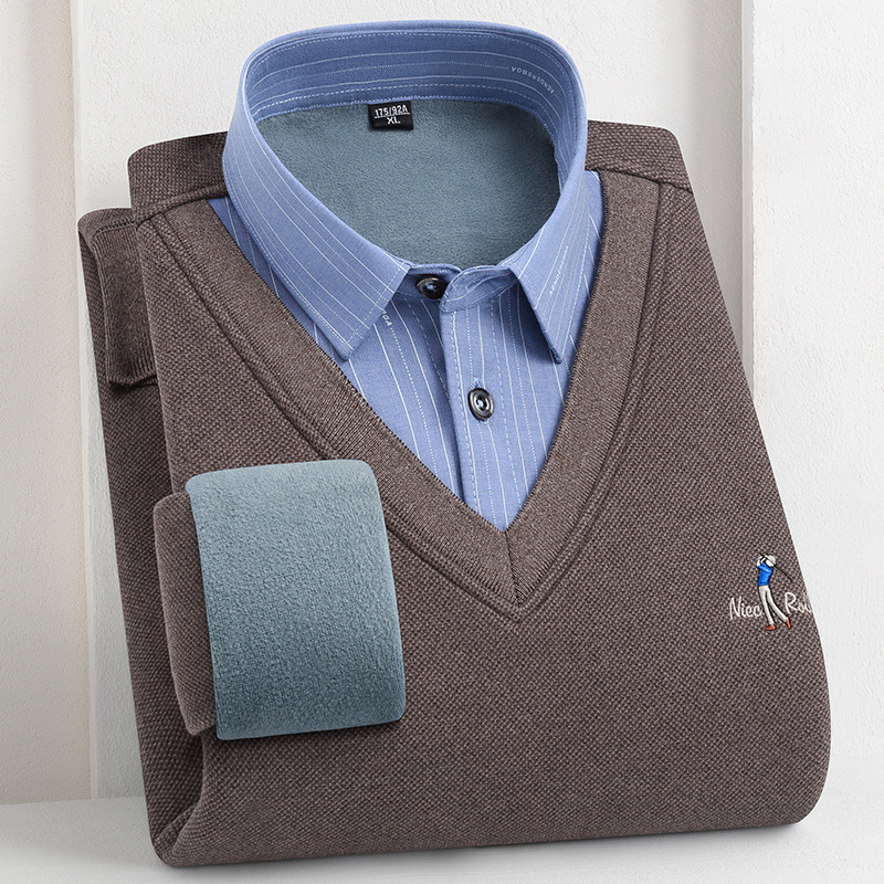 With Wool Winter Men's Fake Two-piece Fleece Thickened Seamless Shirt Collar Wool Shirt Pullover Warm Sweater Knitted With Wool Winter Men's Fake Two-piece Fleece Thickened Seamless Shirt Collar Wool Shirt Pullover Warm Sweater Knitted
