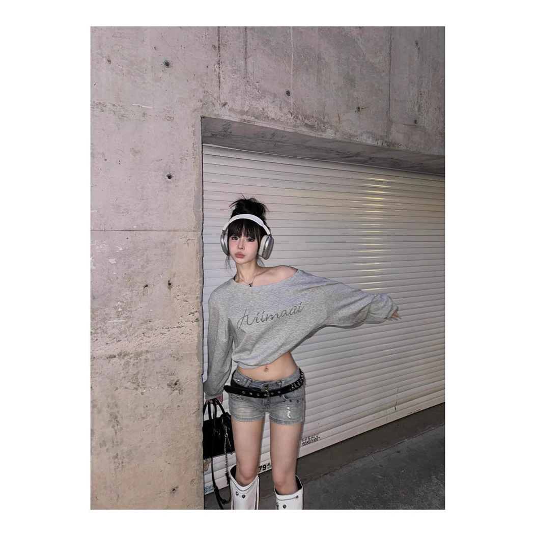 [260g 薄手スタイル] ホットダイヤモンドオフショルダー斜め肩長袖スウェットシャツレディースルーズショートホットガールトップ