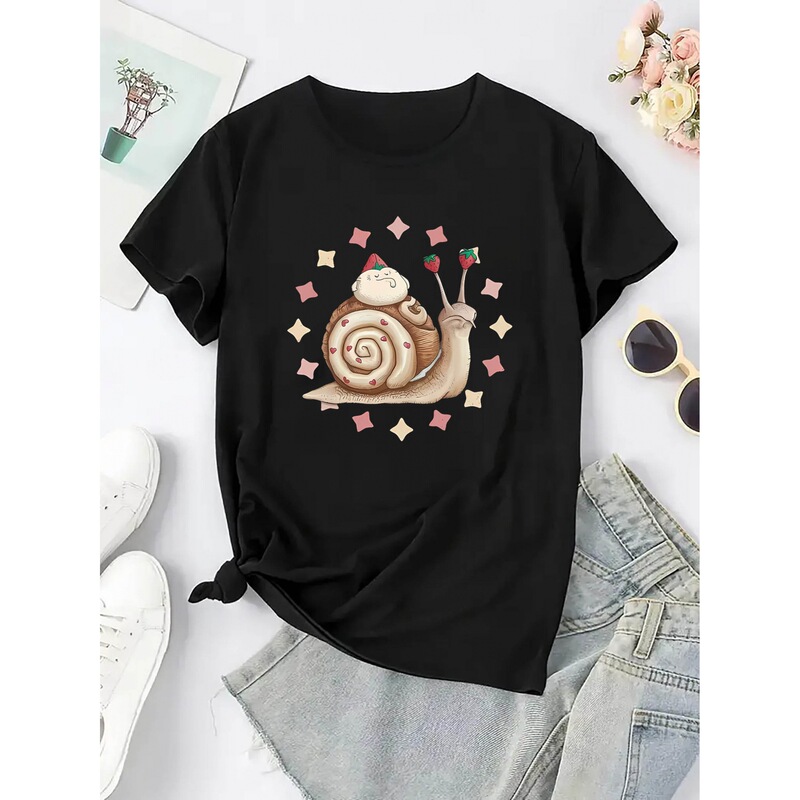 [European Size Cotton t] One-Piece Women's Black Casual T-Shirt - Cute Strawberry Snail and Christmas Hat Design