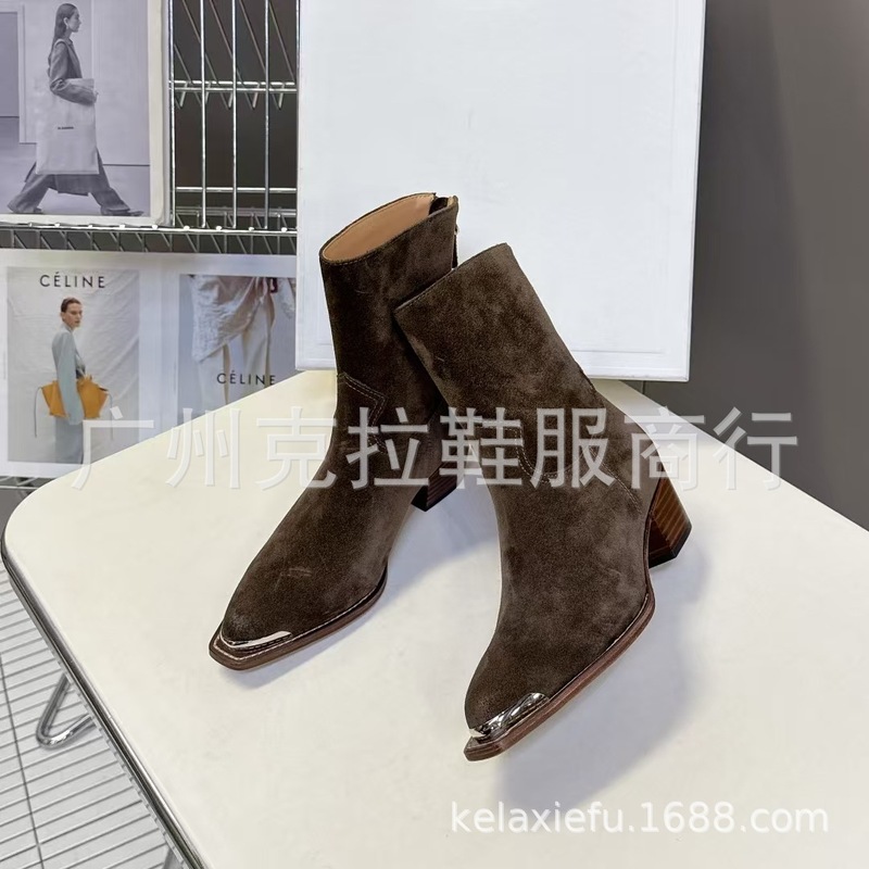 高端2025秋冬真皮尖头复古粗跟高跟后拉链西部牛仔短靴靴骑士靴女|undefined
