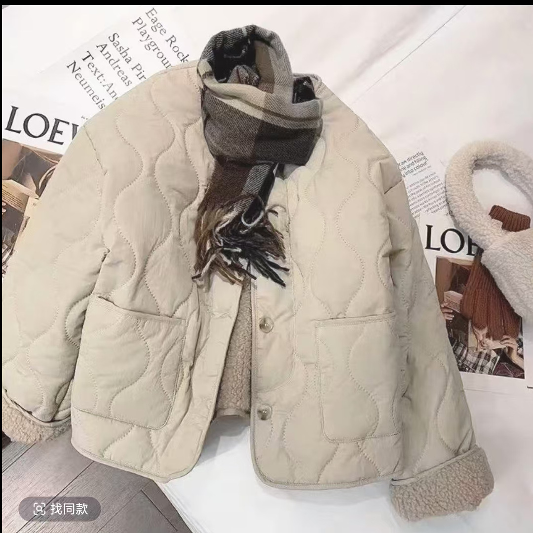 2025 핑크 RHOMBUS FAUX CASHMERE COTTON-PADDED JACKET 여성용 한국식 두꺼운 라운드 넥 코트 코튼 패딩 코트 컬러 블랙