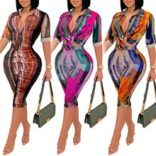 X6010速卖通亚马逊wish欧美新品时尚休闲印花V领短袖中裤两件套女