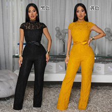 CY901998欧美圆领短袖蕾丝连体裤阔腿裤女装纯色长裤女外贸款