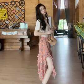 H23574夏季短袖T恤粉色不规则碎花半身裙两件套装女网红ins超火潮