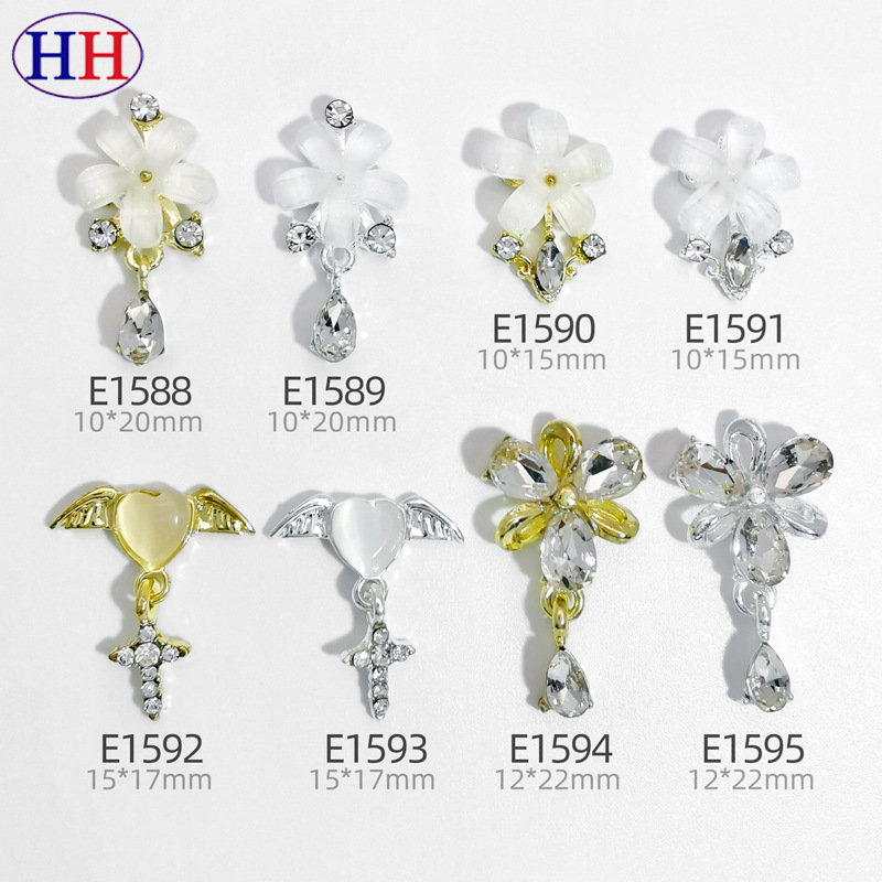 Lz New Alloy Rhinestone Flower Pendant Nail Art Jewelry Cat's Eye Stone Cross Tassel Nail Art Decoration Wholesale