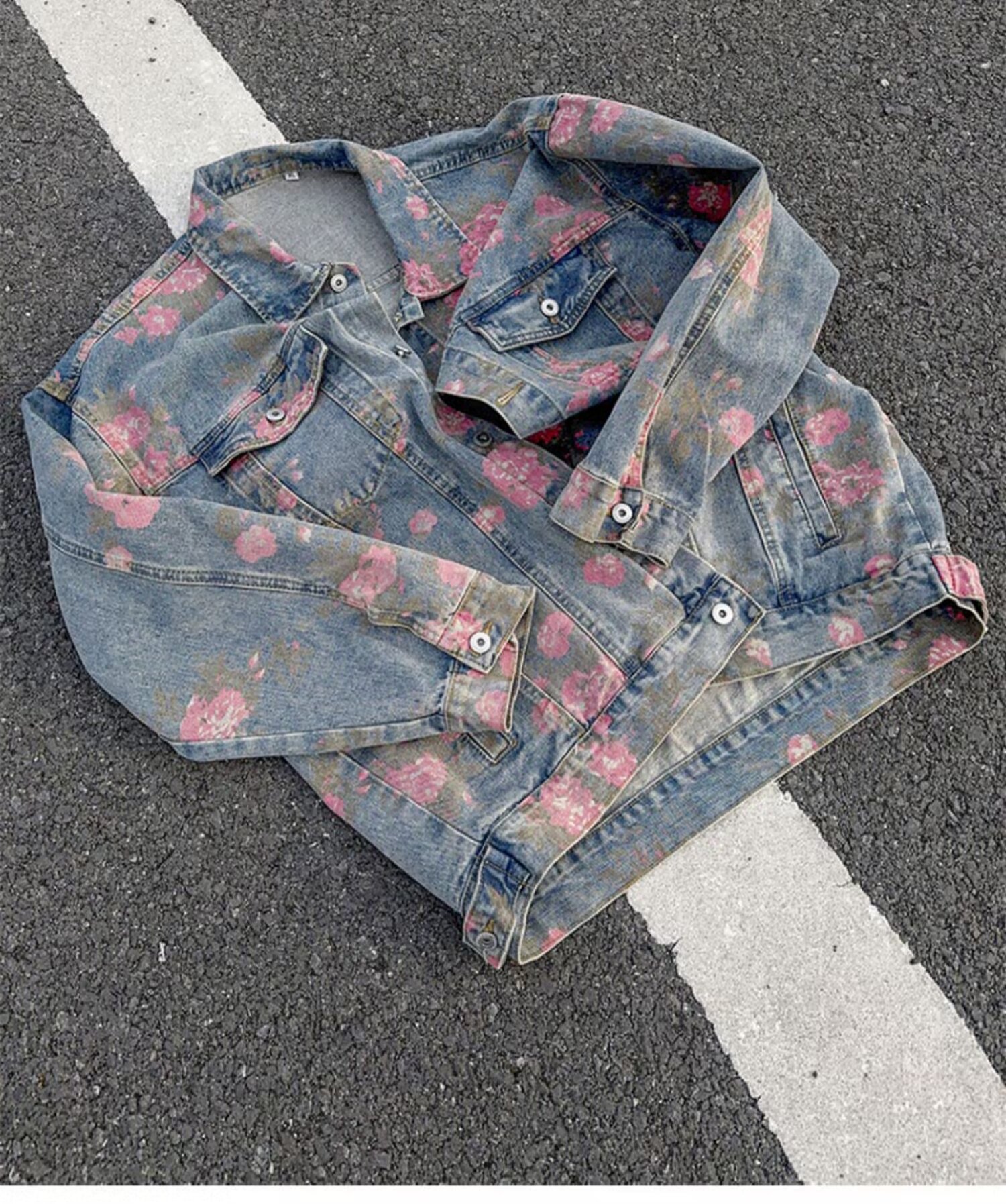 Men's Clothing Unisex Floral Print Denim Jacket Spring Autumn Trendy Designer Collared Workwear Jacket American High Street Style_mkmklike.com