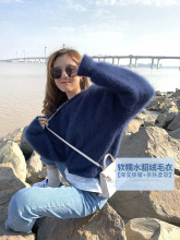 真毛材质长毛水貂绒毛衣女秋冬季宽松圆领蓝色水貂毛套头外穿上衣