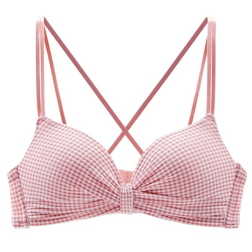 Bra set for Japanese girls, cute and sexy plaid, small breasts, gathered, no rims, beautiful back underwear, thin style for female students
