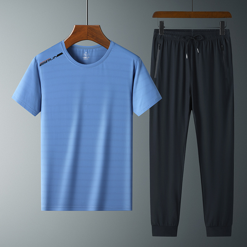 Moda pantalones de seda de hielo cuello redondo Camiseta de dos piezas para hombres talla grande suelta de secado rápido traje deportivo LOGO se puede formular