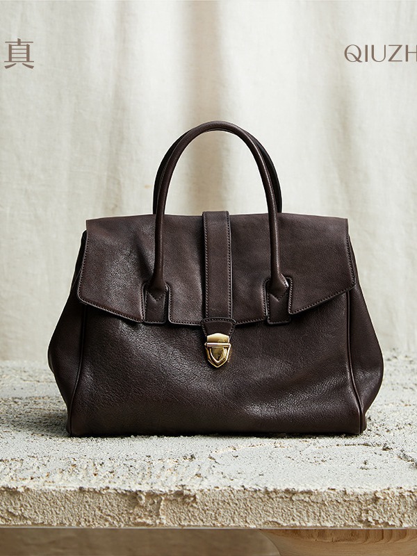 2025 Qiuzhen Women's Genuine Leather Handheld Briefcase, Premium Vintage Large Capacity Commuter Top Grain Vegetable-Tanned Cowhide Bag - Thumbnail 6