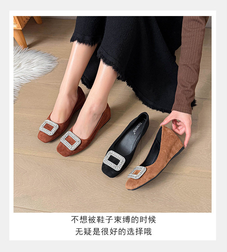 Giày búp bê nữ mũi vuông đính đá, da lộn, đế mềm độn trong, gót xuồng thấp — Màu kaki, Màu nâu, màu đen chi tiết 10