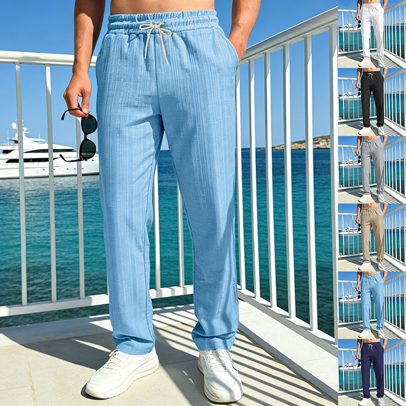 Cross-Border European and American Style Men's Casual Pants, Loose and Breathable, Faux Linen, Simple Sports Jogging Straight-Leg Long Pants for Men
