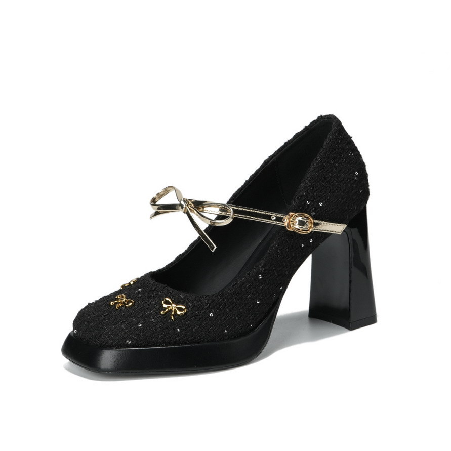 9989-12 French style exquisite metal bow square toe woven nylon super high heels waterproof platform coarse single shoes