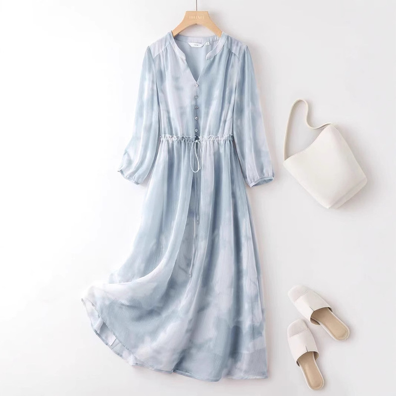 Summer Chiffon Dress for Women 2025, Elegant Mid-Length Dress, Blue, Gentle Temperament, Cross-Border Dropshipping Summer Chiffon Dress for Women 2025, Elegant Mid-Length Dress, Blue, Gentle Temperament, Cross-Border Dropshipping