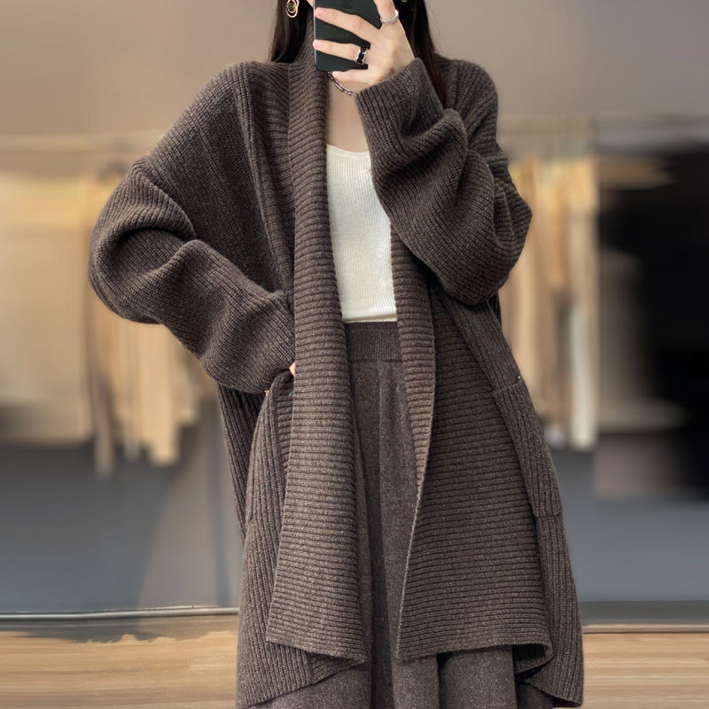 South Korea chic plus size 300kg autumn and winter lazy style knitwear coat Women's Mid-length outer wear trench coat cardigan