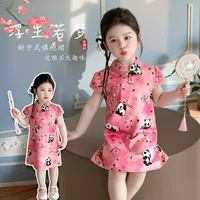 Летнее платье в китайском стиле Cheongsam для девочек, новинка 2025 года, детская хлопковая юбка с китайской пандой в стиле династии Хань, детское летнее платье