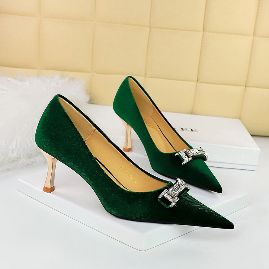 1818-K80 Banquet Women's Heels Xishi Velvet Shallow Mouth Pointed Toe Rhinestone Buckle Metal Decoration High Heel_vogvips.com