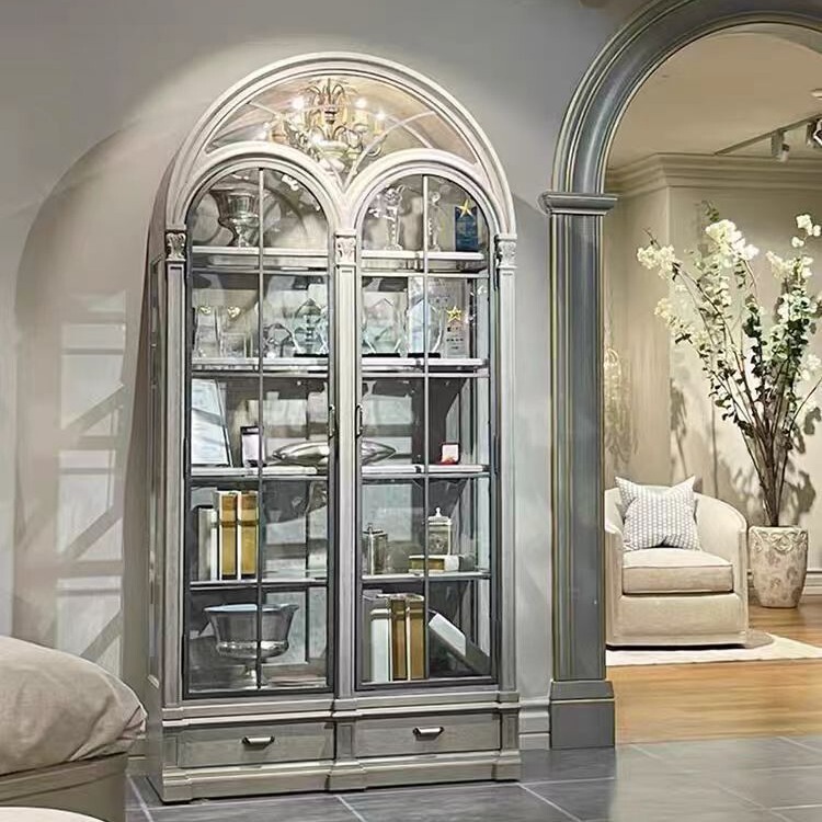 American art Architectural Revival Sideboard Bookcase French Vintage Dressed Metal Semi-Round Arch Wine Cabinet Display Cabinet
