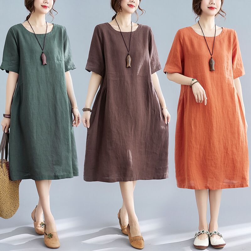 Cotton and Linen Dress for Women 2026 Summer New Style Women's Elegant Linen Dress for Mom Mid-Length Short-Sleeved Dress Cotton and Linen Dress for Women 2026 Summer New Style Women's Elegant Linen Dress for Mom Mid-Length Short-Sleeved Dress
