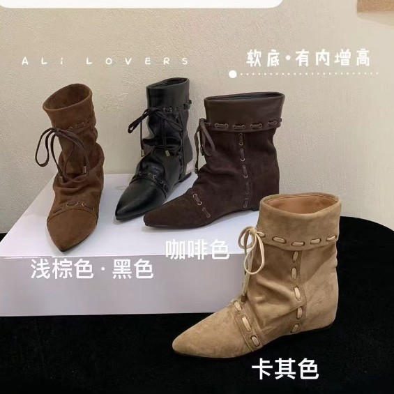 2025 Autumn and Winter Strappy Bow Inner Heightening Wedge Suede Low-Cut Slim Chelsea Martin Women's Short Boots