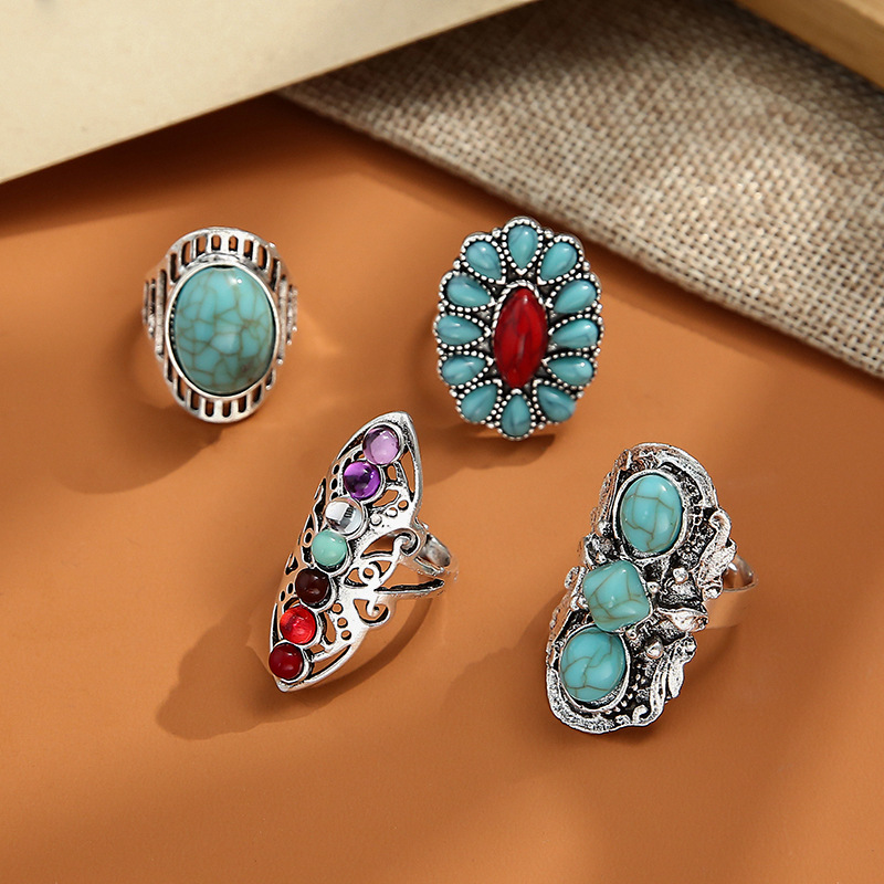 4 Piece Set Fashion Round Alloy Inlay Turquoise Women's Rings display picture 3