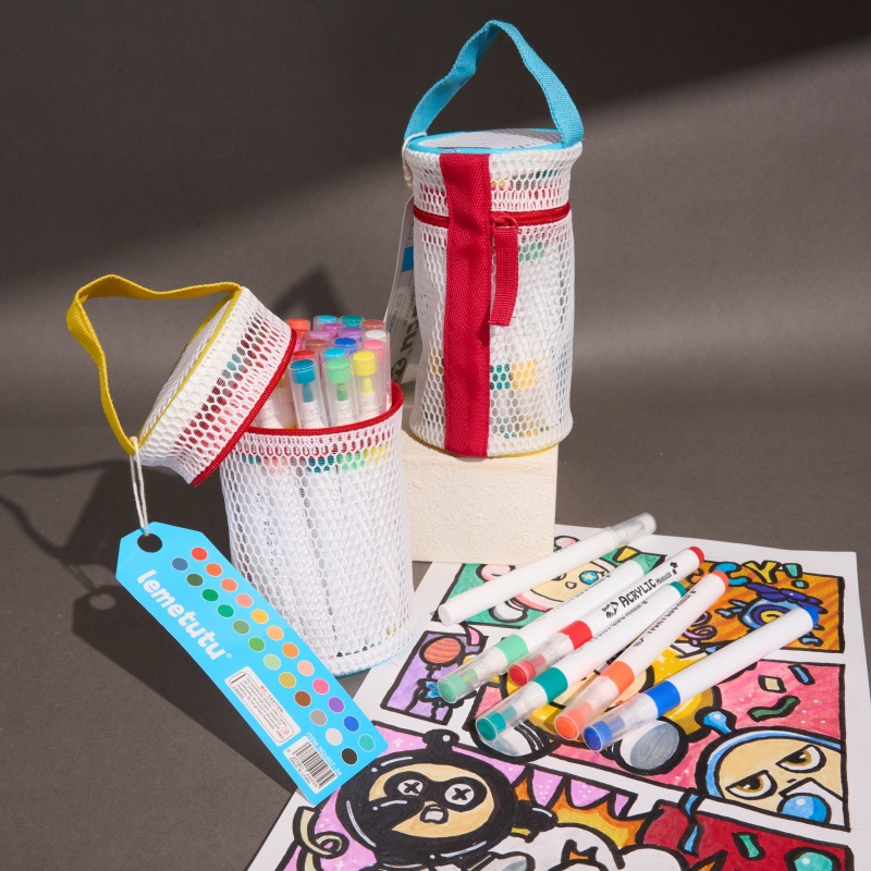 Portátil acrílico marcador conjunto de dibujo de niños cabeza suave opaco color plegable 24 colores 36 bolsas de red portátiles