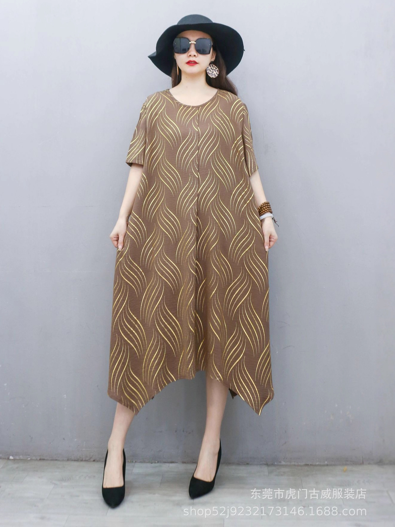 Comercio exterior transfronterizo vestido de gran tamaño suelto literatura de verano vestido irregular cuello redondo mangas cortas vestido de mujer gorda de edad media image 3