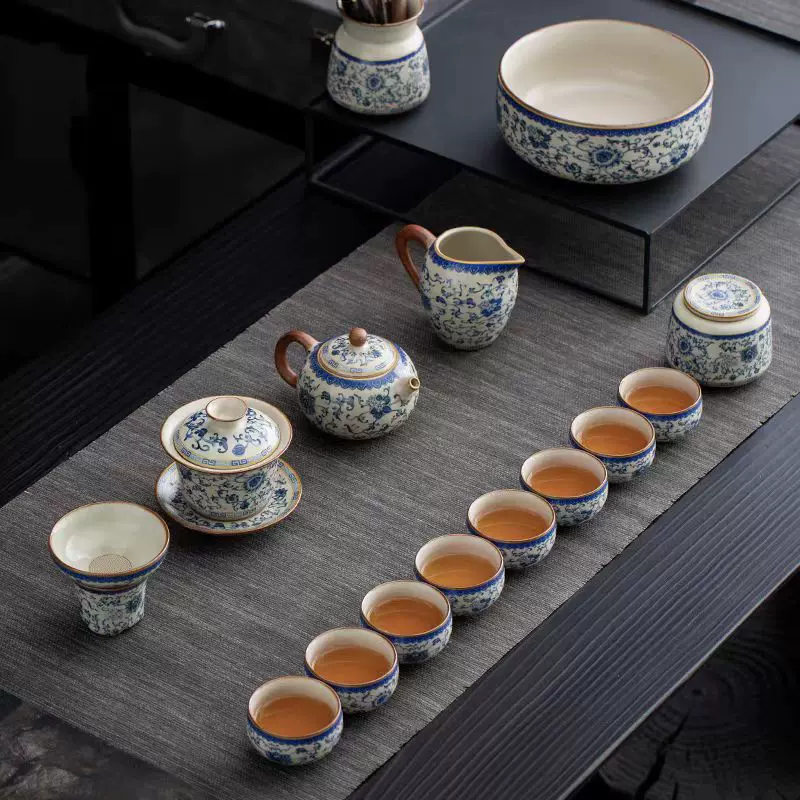 新款国潮汝窑青花功夫茶具套装轻奢高档陶瓷中式盖碗茶壶茶杯
