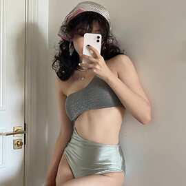 跨境2024新款拼色显白紧身高腰显瘦纯欲女神镂空温泉度假连体泳衣