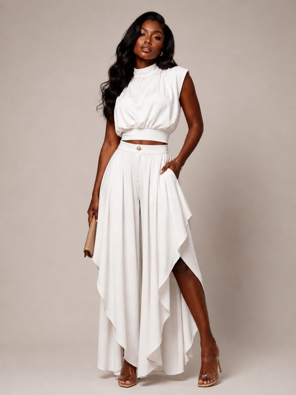 French Style Women's Niche Sleeveless Two Piece Set High Neck Cropped Top Irregular Ruffles Wide Leg Pants_ecoleips.com