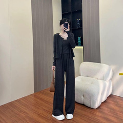 运动休闲时尚套装春秋冬季2025宽松阔腿裤三件套背心长袖时尚开衫