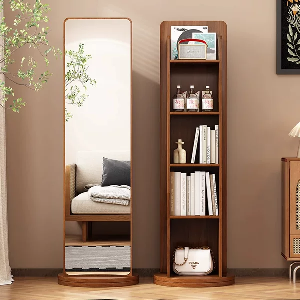 Retro Rotating Full-Length Floor Mirror for Home Use in Bedroom and Living Room, Multifunctional with Integrated Bookshelf and Storage, Fitting Mirror