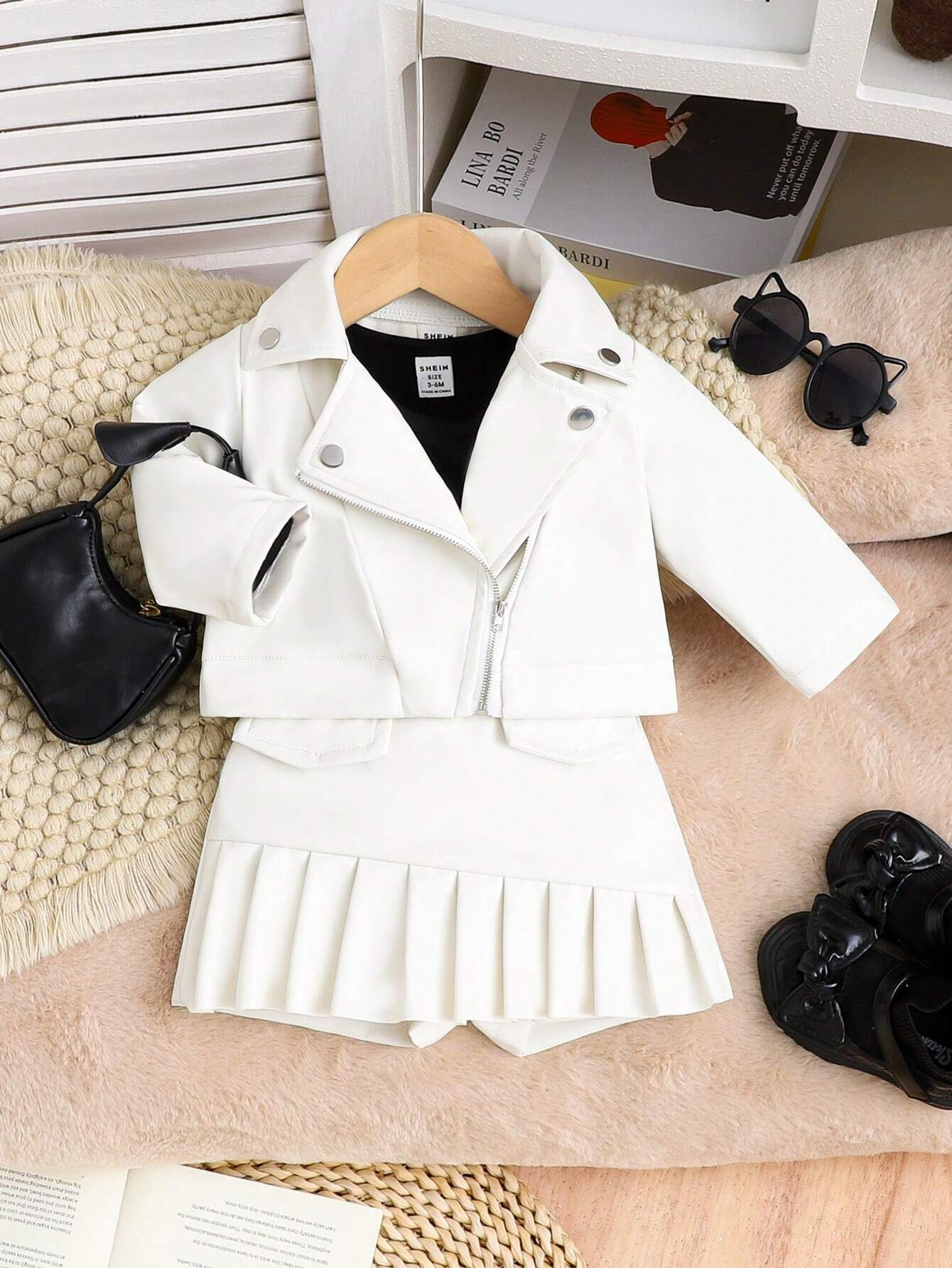 Dreiteiliges Set im koreanischen Stil für Mädchen, Herbst/Winter, hochwertige Motorradbekleidung aus PU-Leder mit Revers, Kleinkinderkleidung (3-7 Jahre)_voghion.com