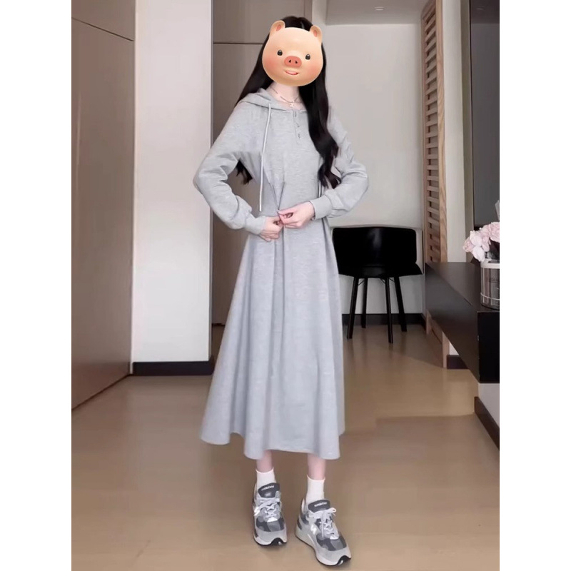 한국 대학 스타일 회색 후드 스웨터 원피스 여성 2024 가을 작은 기질 허리 슬리밍 스커트