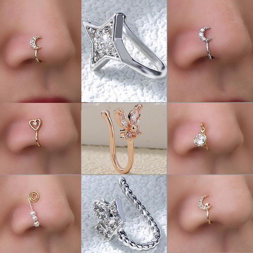 European and American piercing-free piercing jewelry, personalized creative love star nose ring, copper micro-embedded U-shaped nose clip, fake nose jewelry for women