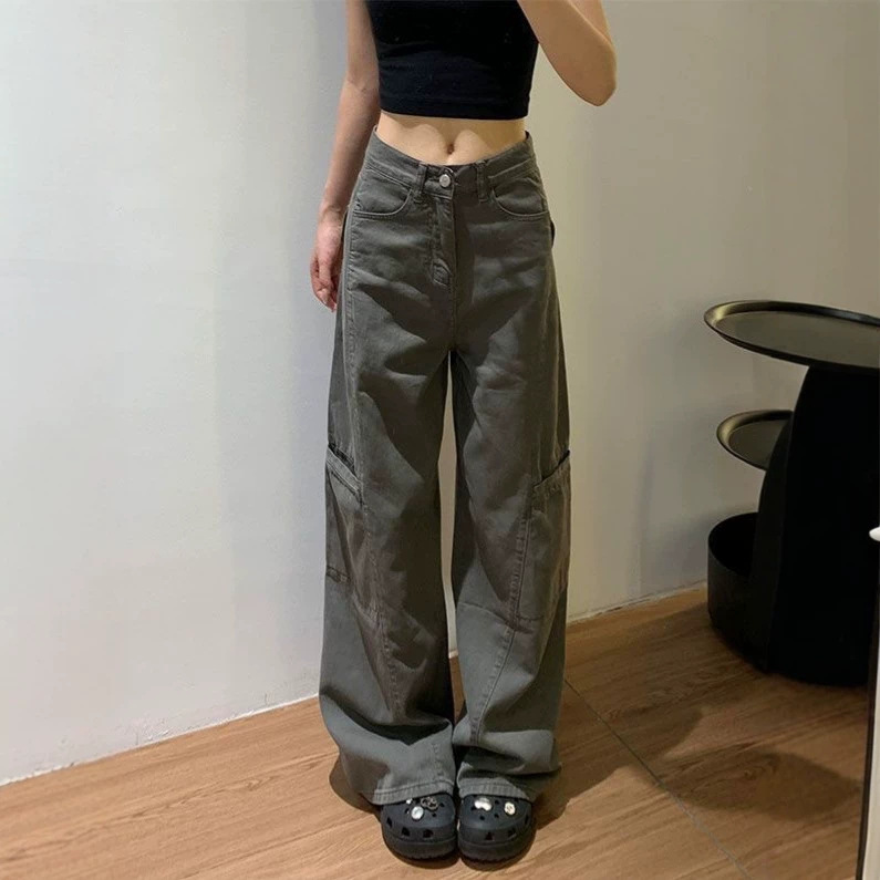 Gray American-style work pants for petite women, loose-fitting wide-leg jeans for pear-shaped body, straight-leg slimming wide-leg pants