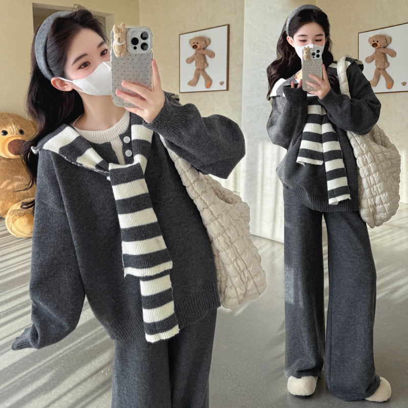 High-Quality Maternity Wear 2025 Autumn and Winter New Fake Two-Piece Loose Sweater Wide-Leg Pants Slimming Casual Thickened Suit