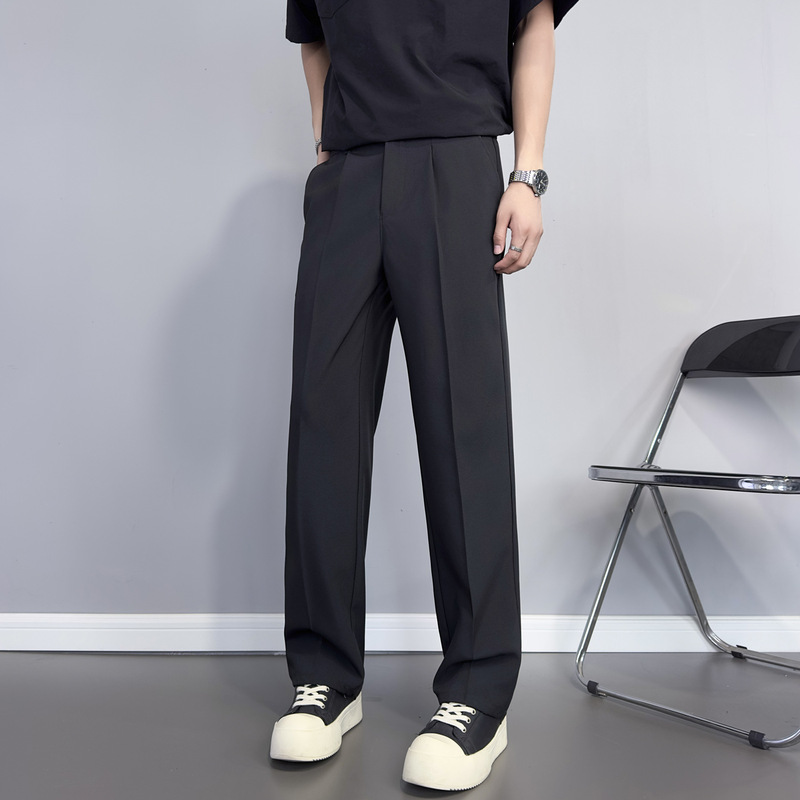 Autumn Men's Loose Casual Trousers with Drape Effect, Korean Style Trendy Black Straight-Leg Suit Pants