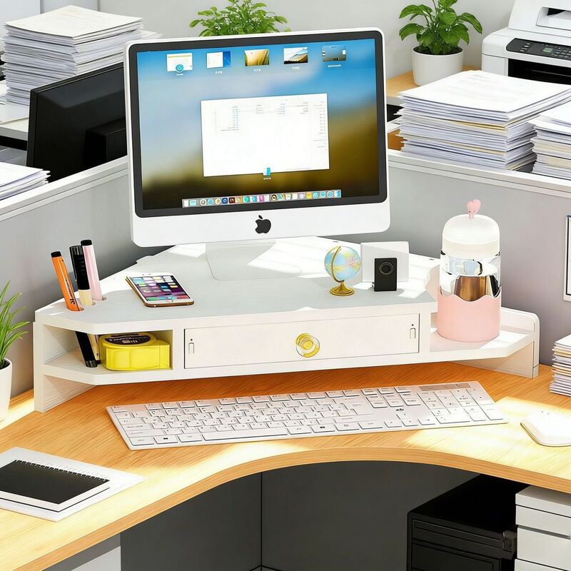 Triangular desktop computer monitor stand, a great office accessory, recommended by manufacturers for corner placement and storage Triangular desktop computer monitor stand, a great office accessory, recommended by manufacturers for corner placement and storage