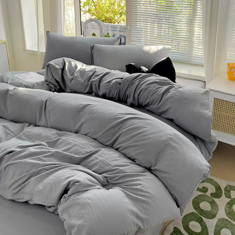 跨境水洗棉纯色双拼四件套超柔软磨毛被套床单床笠学生宿舍三件套