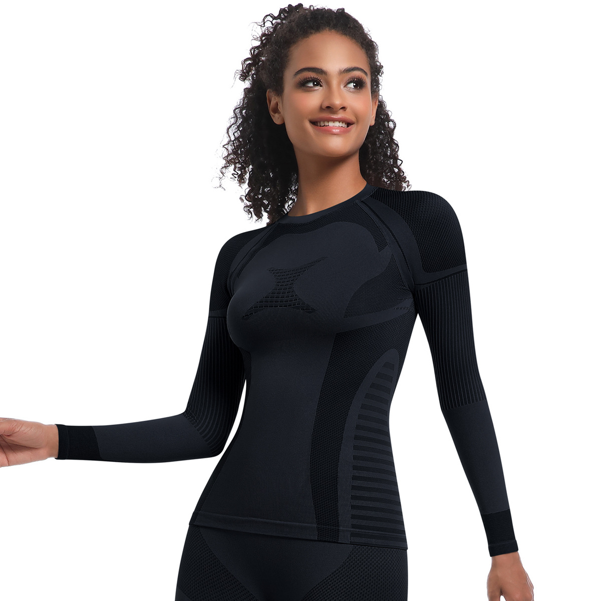 Neu Nahtlose Stricken Engen Hohe Elastische Ski Anzug Langarm Sport Laufen Fitness Yoga Top_voghion.com