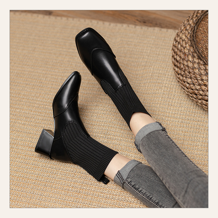 Women's Ankle Boots French Retro Square Toe Thick Heel Mid Calf_voghion.com