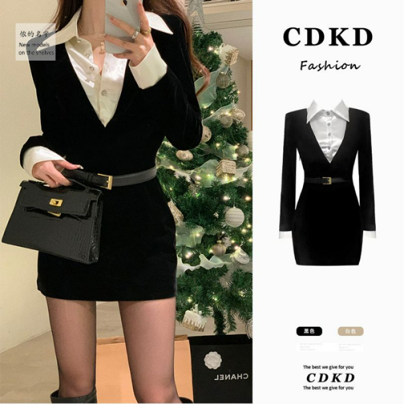 假两件气质衬衫连衣裙女春季短裙黑色赫本风法式收腰气质包臀裙子