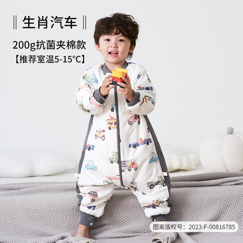 Baby quilted split-leg sleeping bag, children's anti-kick quilt, autumn and winter thickened jumpsuit, antibacterial baby sleeping bag, pure cotton new style