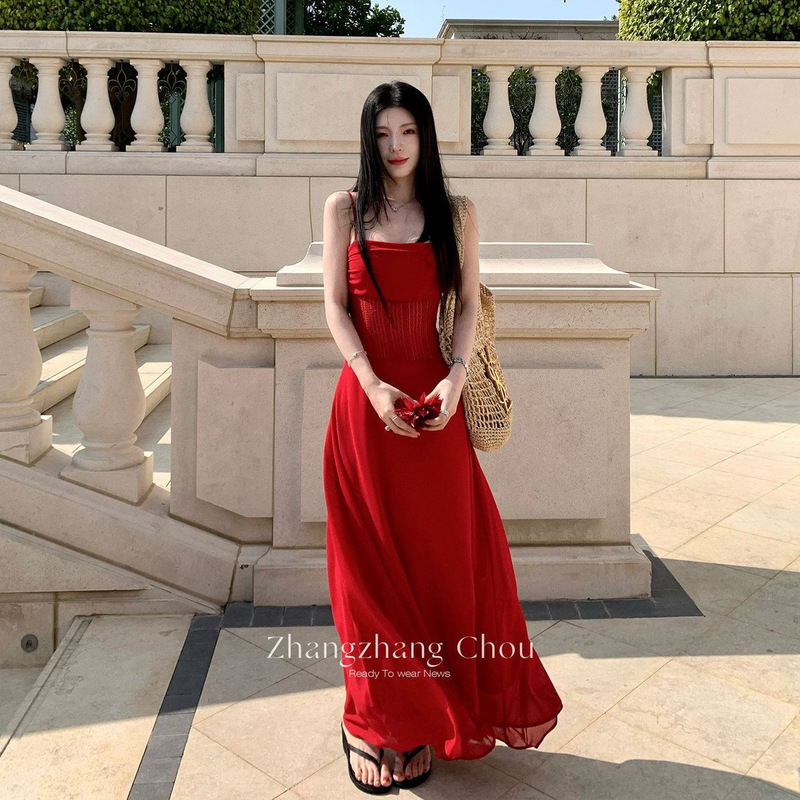 Vintage Hong Kong-style stunning red design strapless hollow-out suspender flowy holiday long dress Christmas party dress