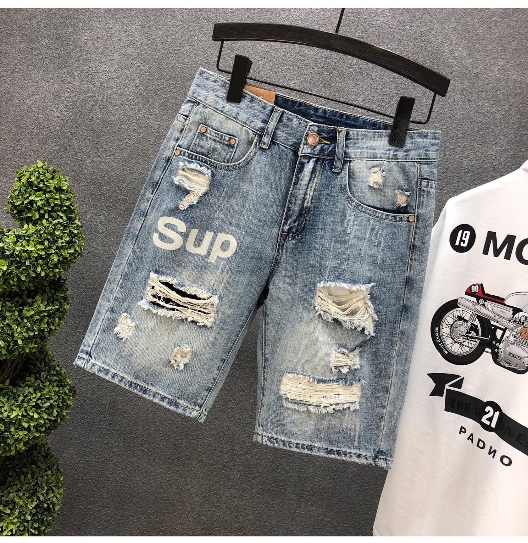 Men's Ripped Denim Shorts Summer Wear Resistant Light Colored Elastic Comfortable Casual Handsome Washed Retro Shorts_mkmklike.com