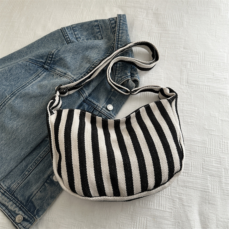 Bolso de mano coreano retro simple pequeño bolso de lona a rayas frescas, moda casual de gran capacidad bolso de hombro de mujer