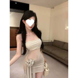 亮丝网纱拼接抹胸连衣裙女夏季纯欲性感立体花朵辣妹包臀裙