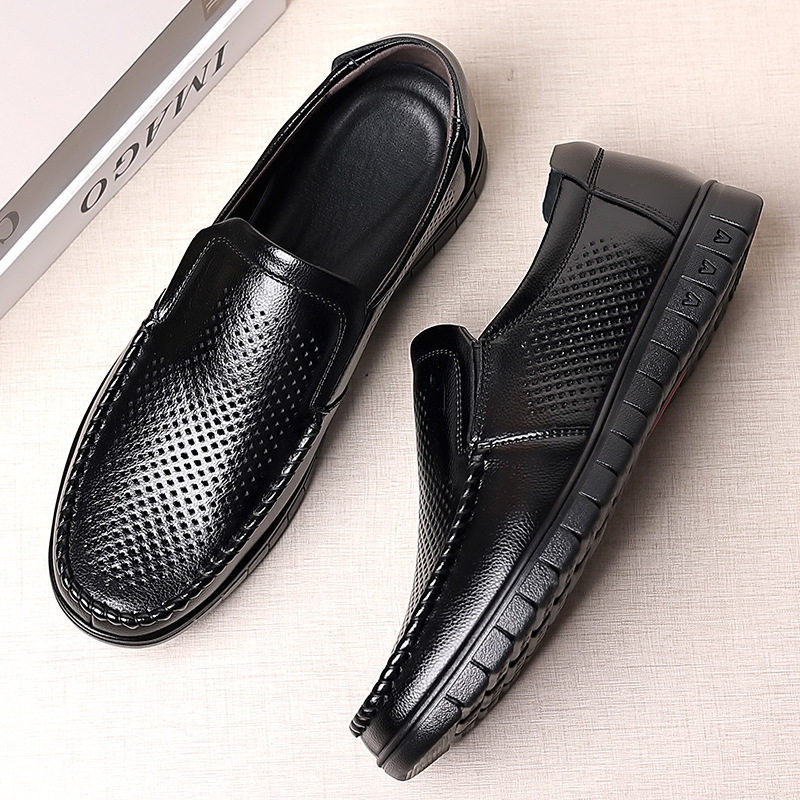 Dép sandal nam da bò thật thoáng khí lỗ rỗng, đế cao 1-3 cm, kiểu mùa hè — nâu, đen